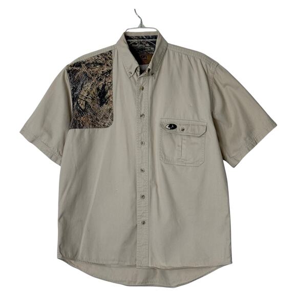 Mossy Oak Khaki Hunting Shirt Camo Quilted Shooting Patch Cotton Men L Gorpcore - Picture 11 of 16